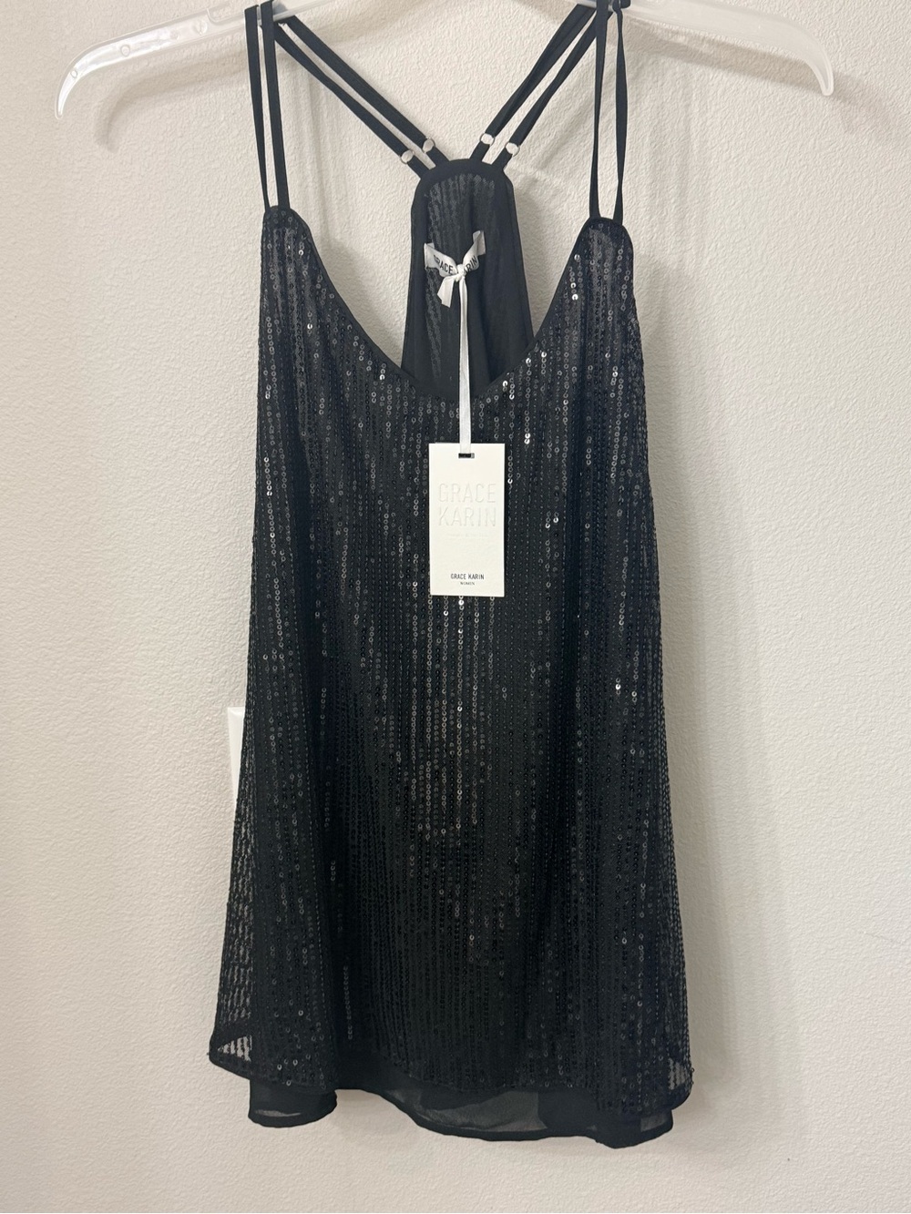 Grace Karin Black Sequin Strappy tank top